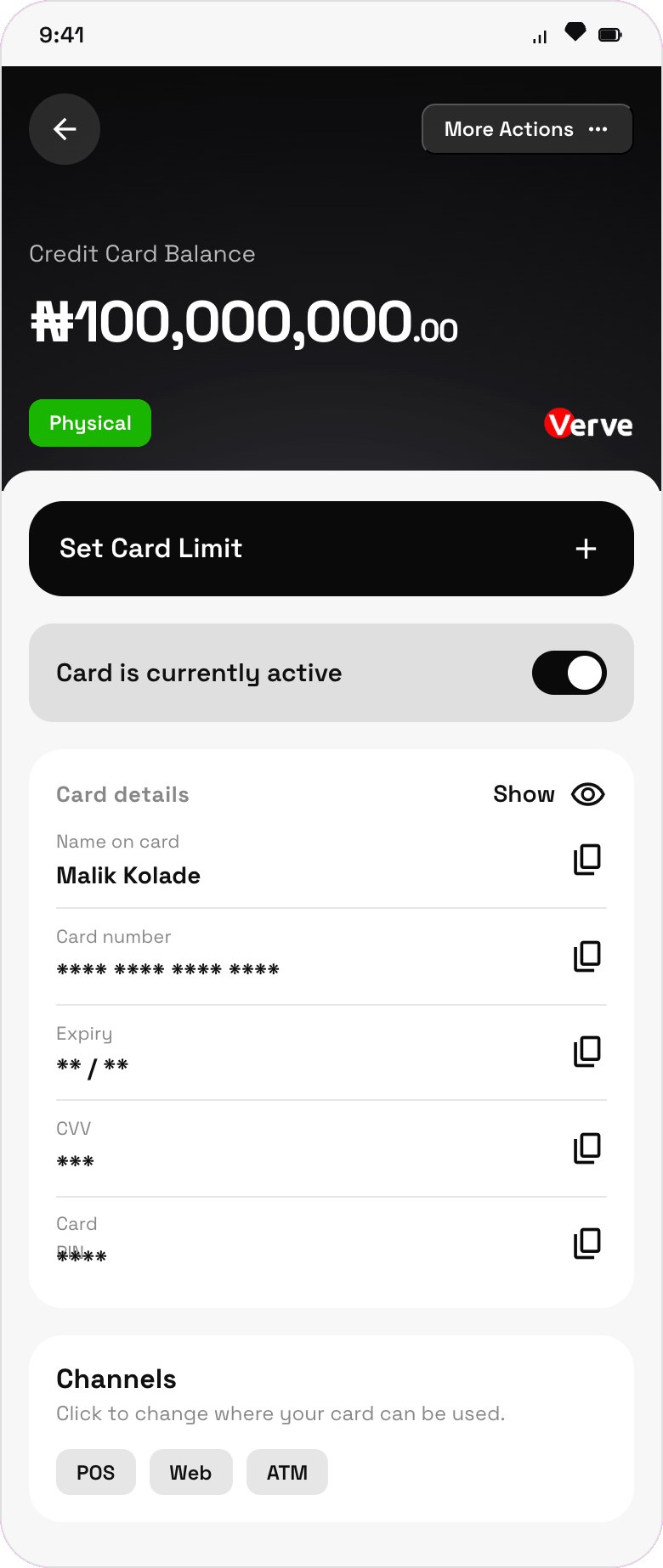ONEBANQ card details screen